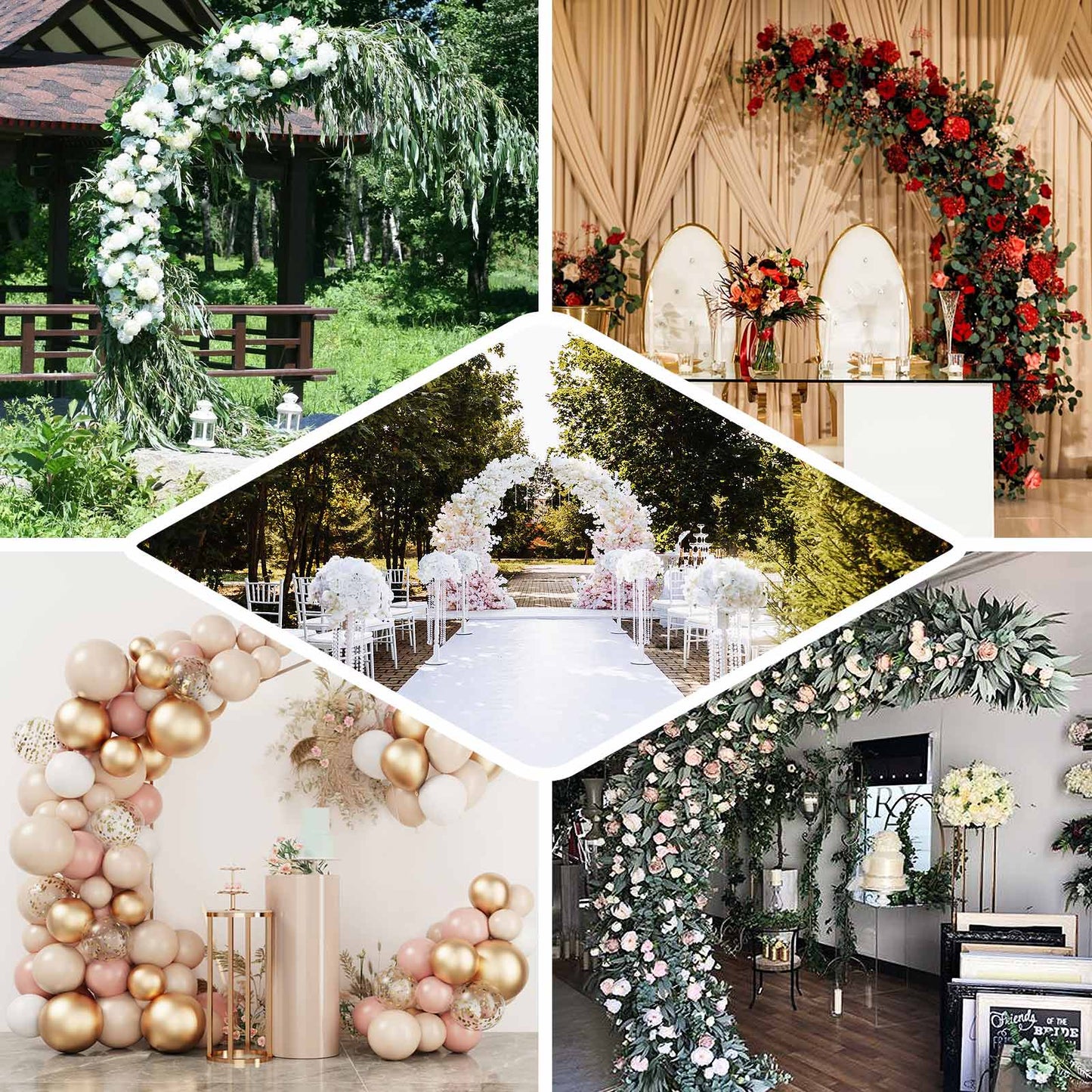 8ft gold metal half crescent moon wedding arch for floral and balloon displays.