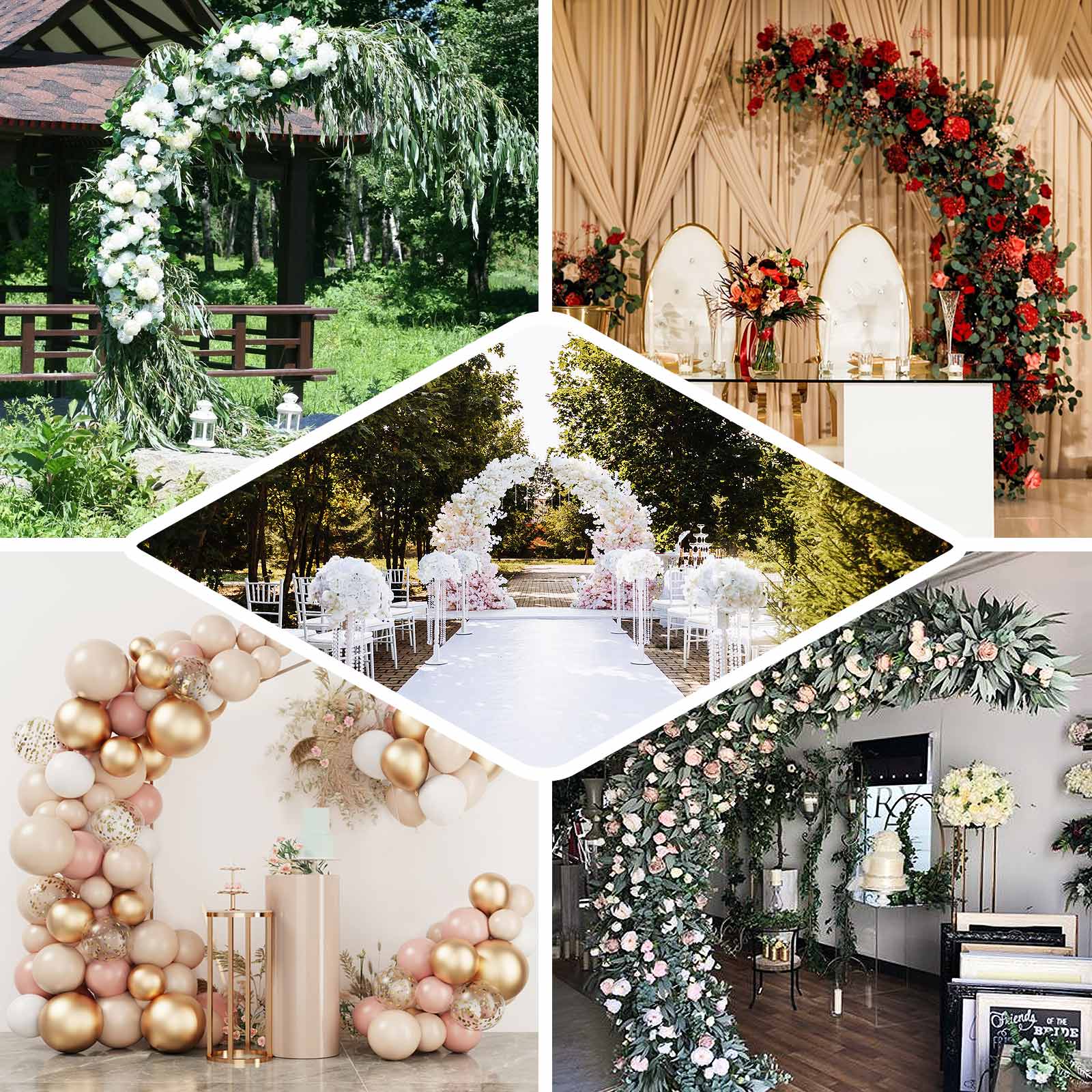 8ft gold metal half crescent moon wedding arch for floral and balloon displays.