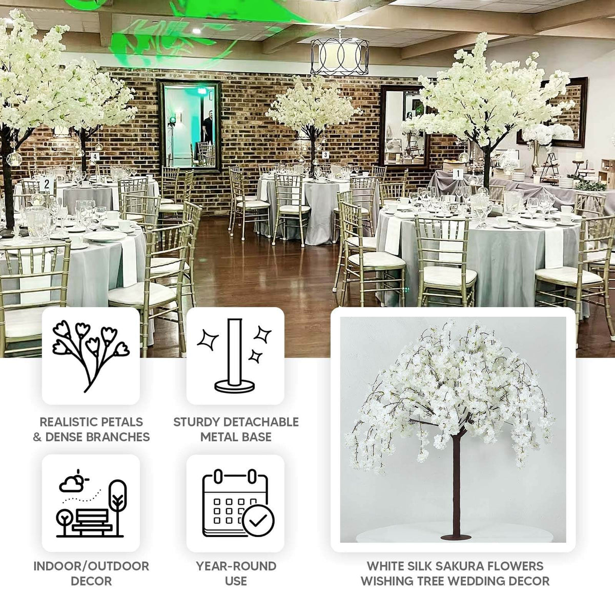 5ft Artificial Cherry Blossom Tree White – Silk Sakura Wishing Tree with Sturdy Metal Base & Realist