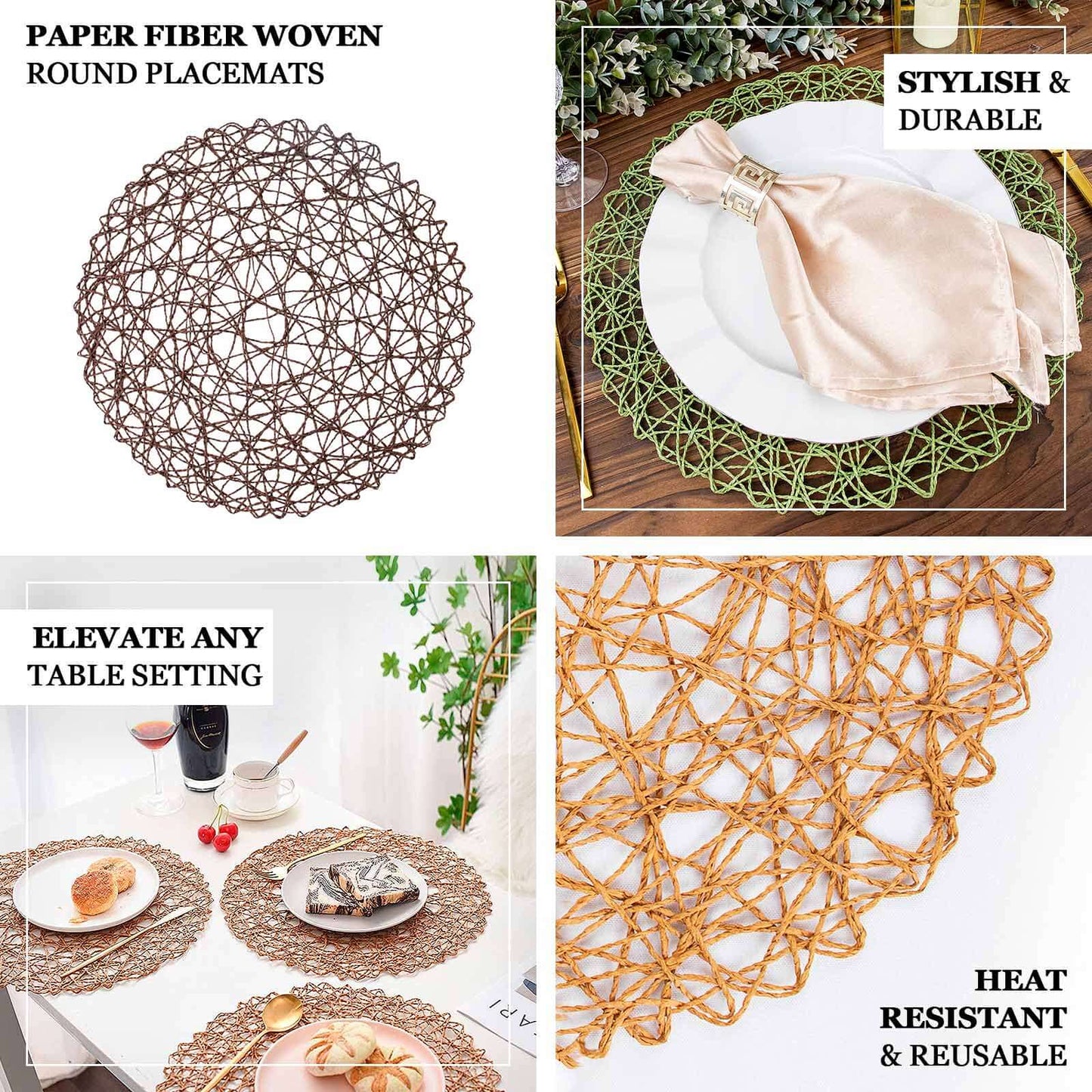 Black round disposable placemats with woven fiber design for dining and events.