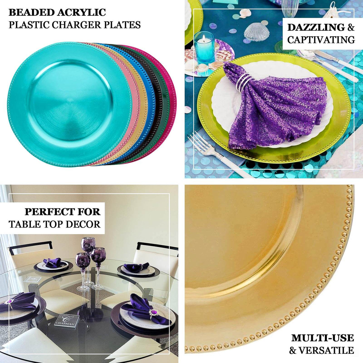 12 Pack Acrylic Round Charger Plates 13" in Rose Gold with Beaded Rim, Dinner Charger Event Tabletop