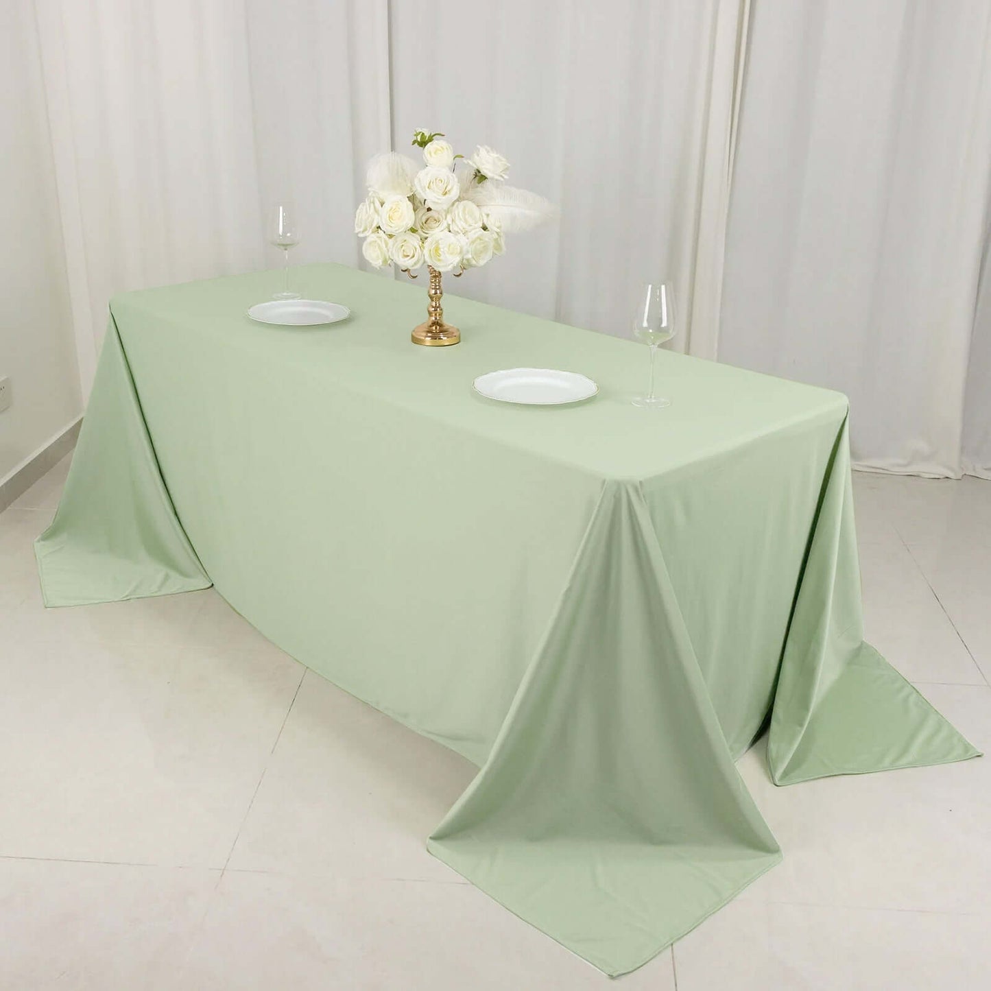 90"x132" Sage Green Scuba Wrinkle Free Rectangular Tablecloth, Seamless Scuba Polyester Tablecloth