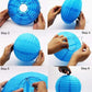 Set of 8 mixed blue and white hanging paper lanterns in various sizes.