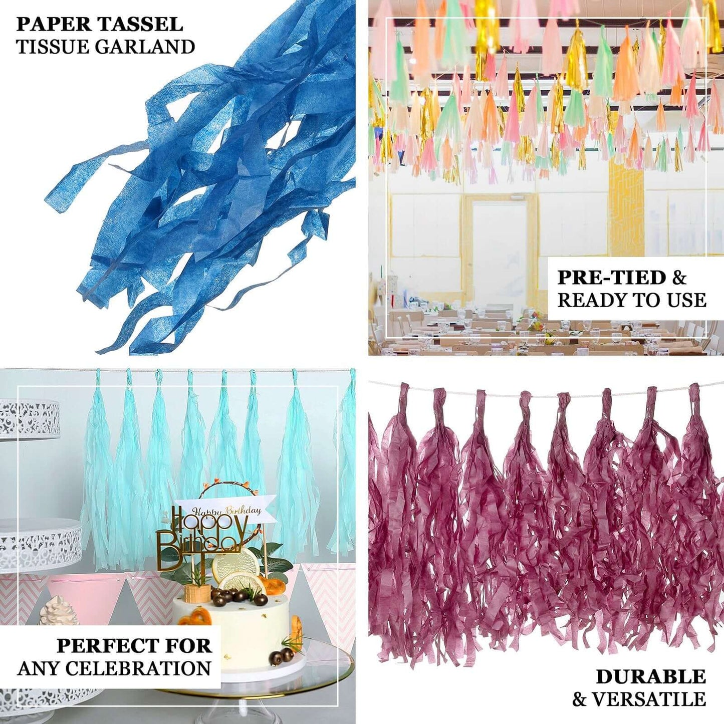 10 Pack Pink Tissue Paper Tassel Garland – Pre-Tied 12" Hanging Fringe Streamers with 10ft String for Party & Backdrop Décor