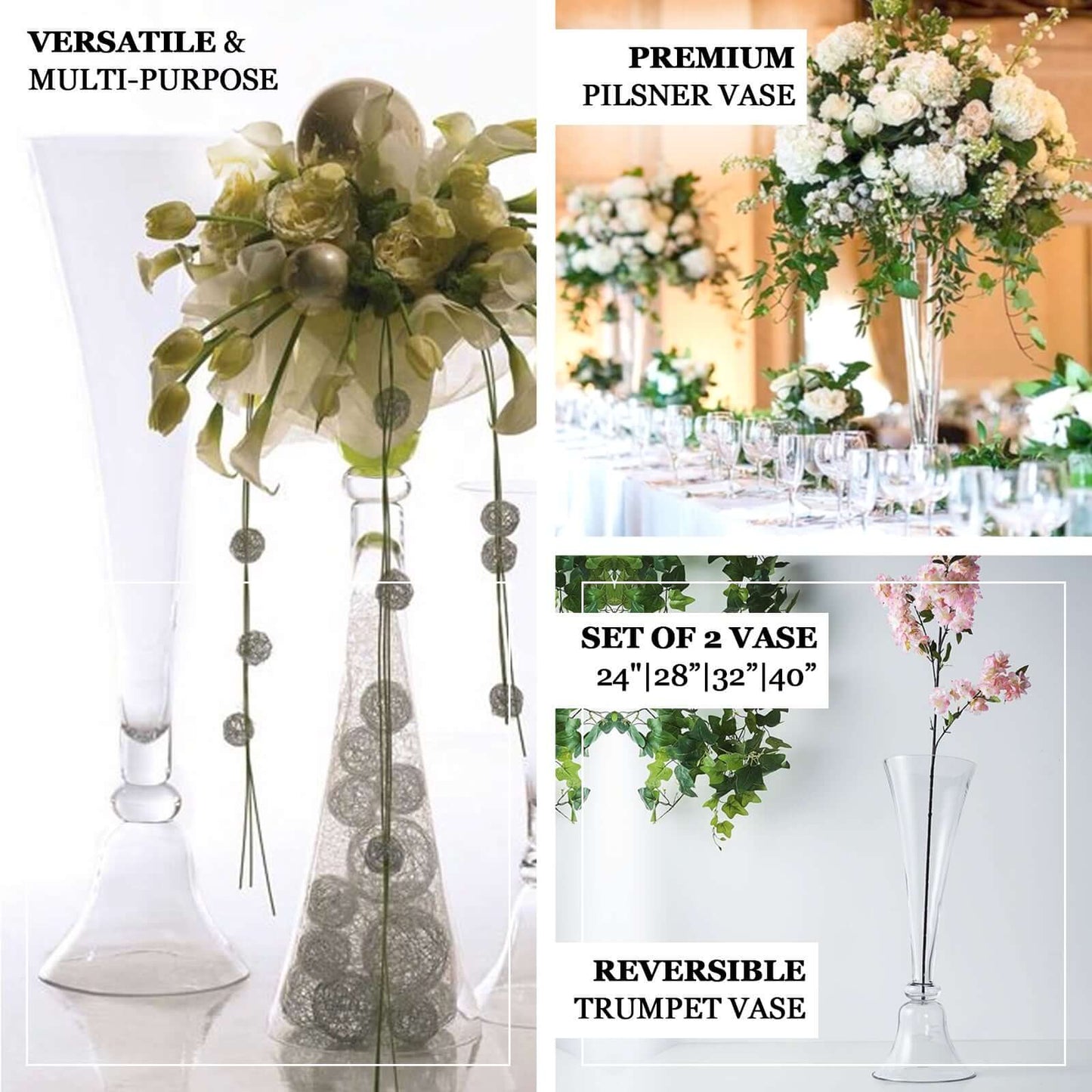 Set of 2 Glass Trumpet Vases Reversible Clarinet Style Clear - Decorative Flower Centerpieces for Events 30"