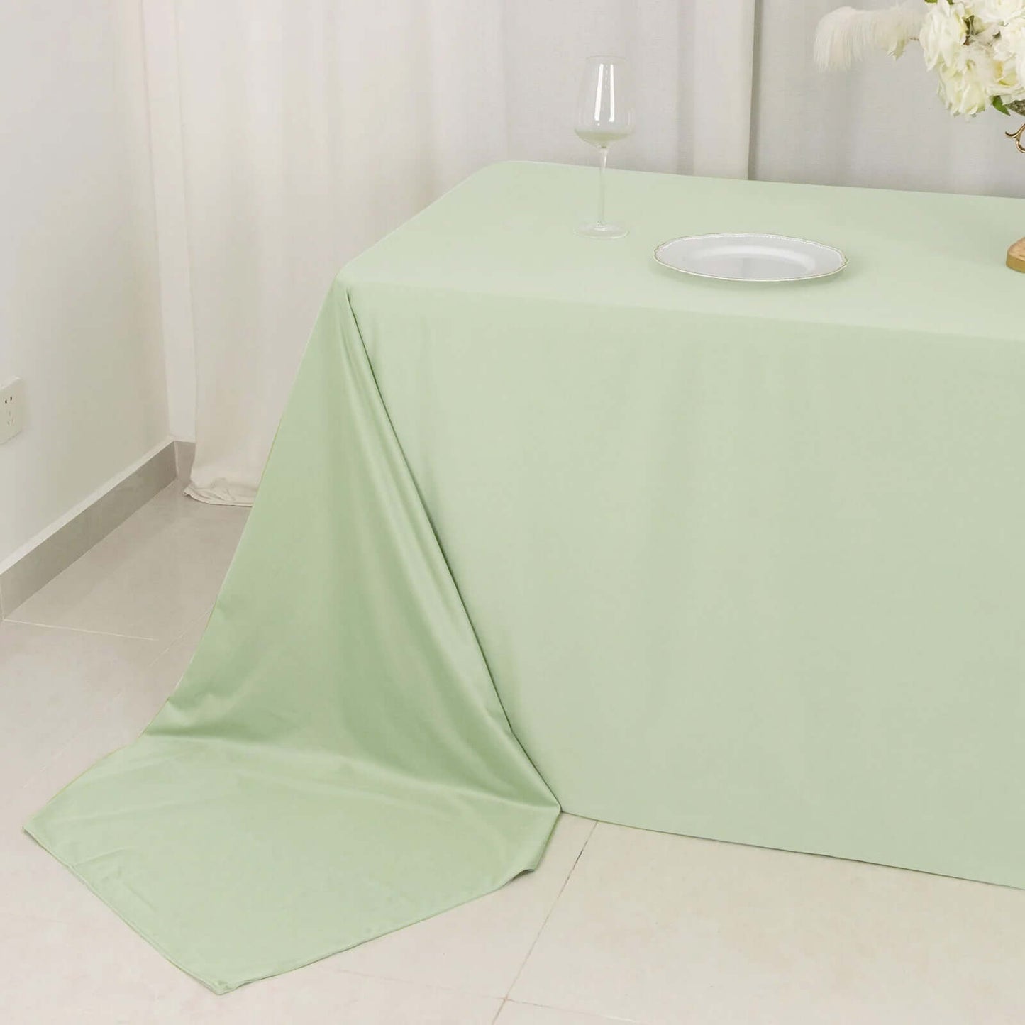 90"x156" Sage Green Scuba Wrinkle Free Rectangular Tablecloth, Seamless Scuba Polyester Tablecloth