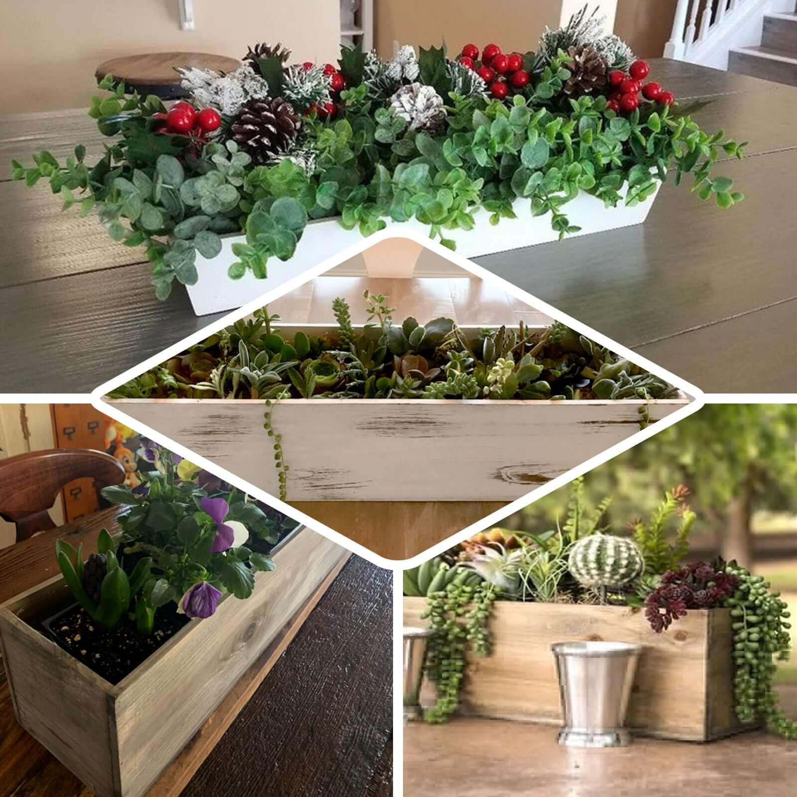 Natural rectangular wood planter box set with removable plastic liners.