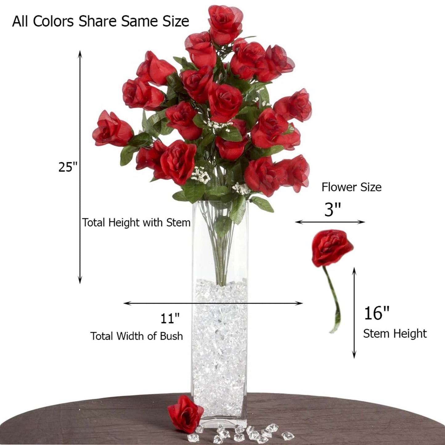 Red artificial silk rose bud flowers in a 25" tall bouquet.