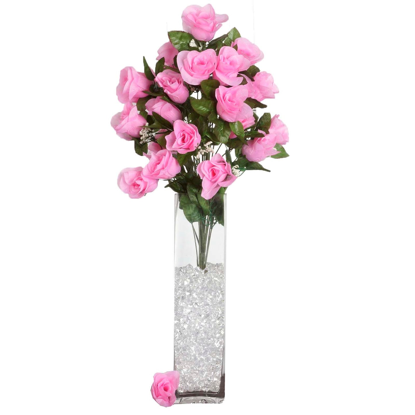 25" Long stem pink artificial silk rose bud flowers in a modern vase.