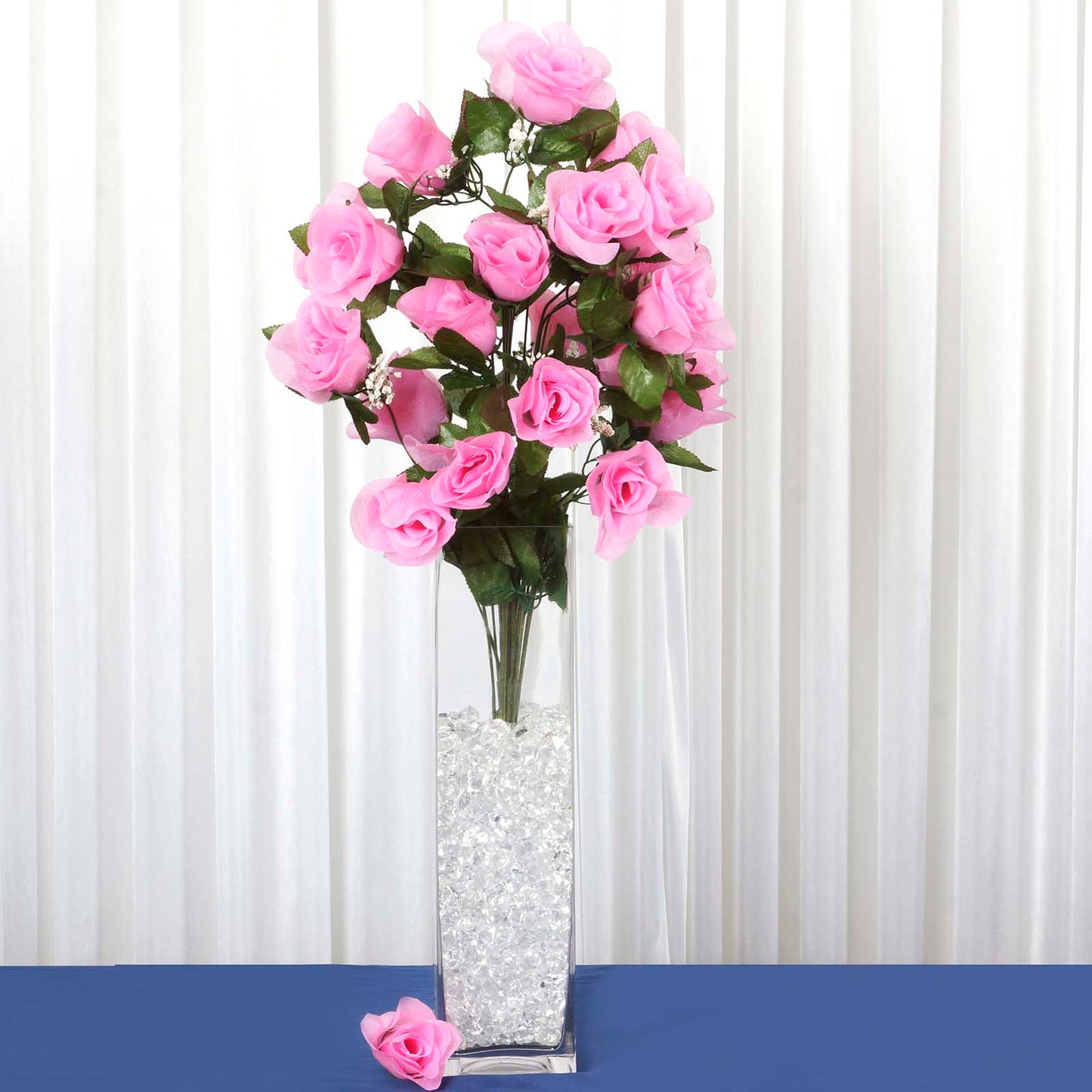 25" Long Stem Pink Artificial Silk Rose Bud Flowers in a vase.