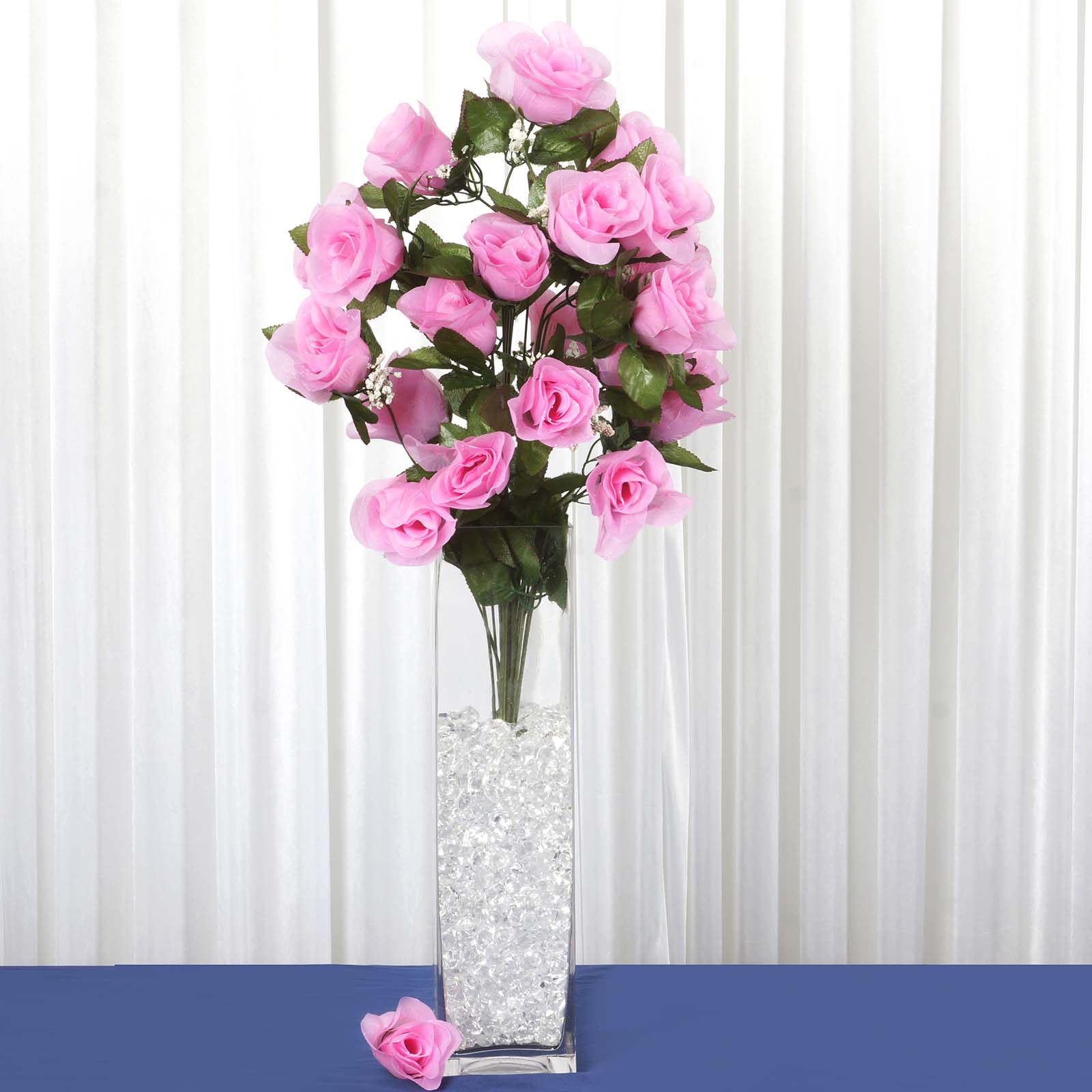 25" Long Stem Pink Artificial Silk Rose Bud Flowers in a vase.