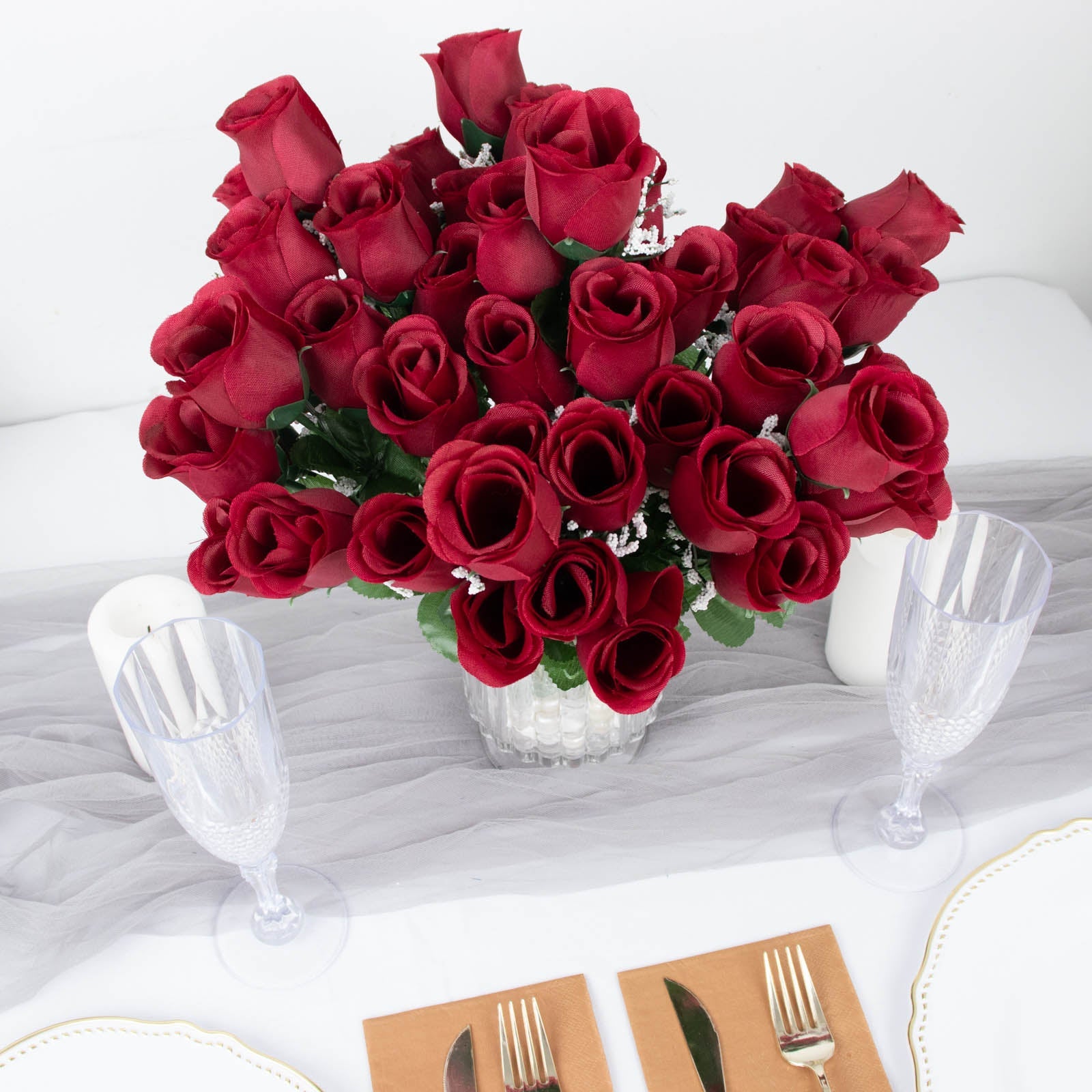 12 Bushes | Burgundy Artificial Premium Silk Flower Rose Bud Bouquets