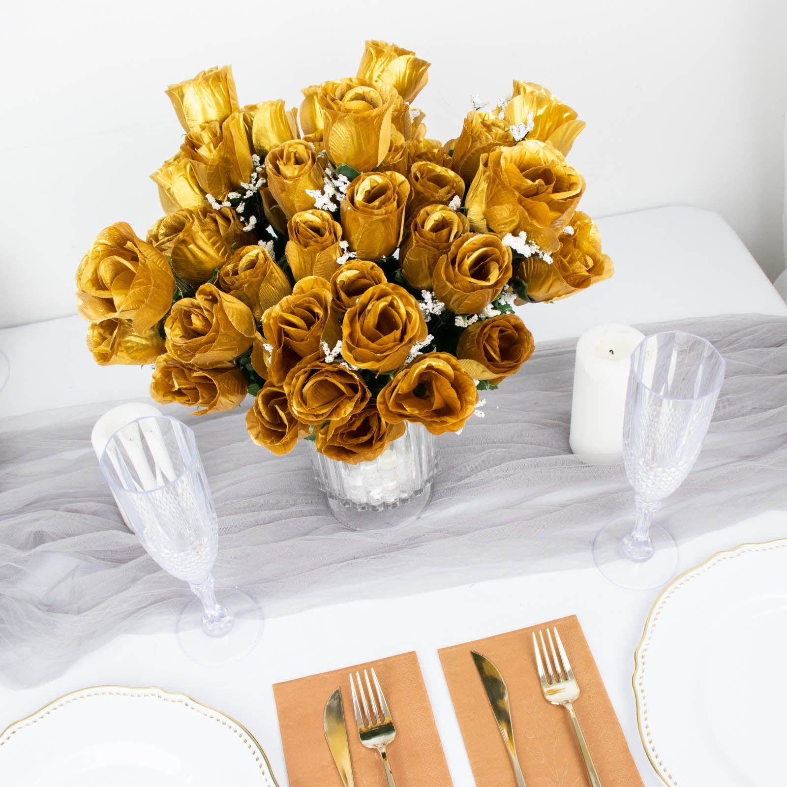 12 Bushes | Gold Artificial Premium Silk Flower Rose Bud Bouquets