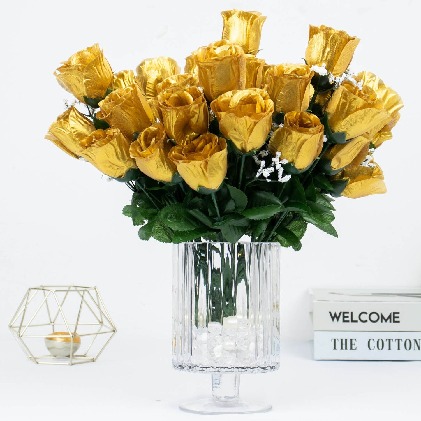 12 Bushes Of Gold Flower Rose Bud Artificial Premium Silk Bouquets