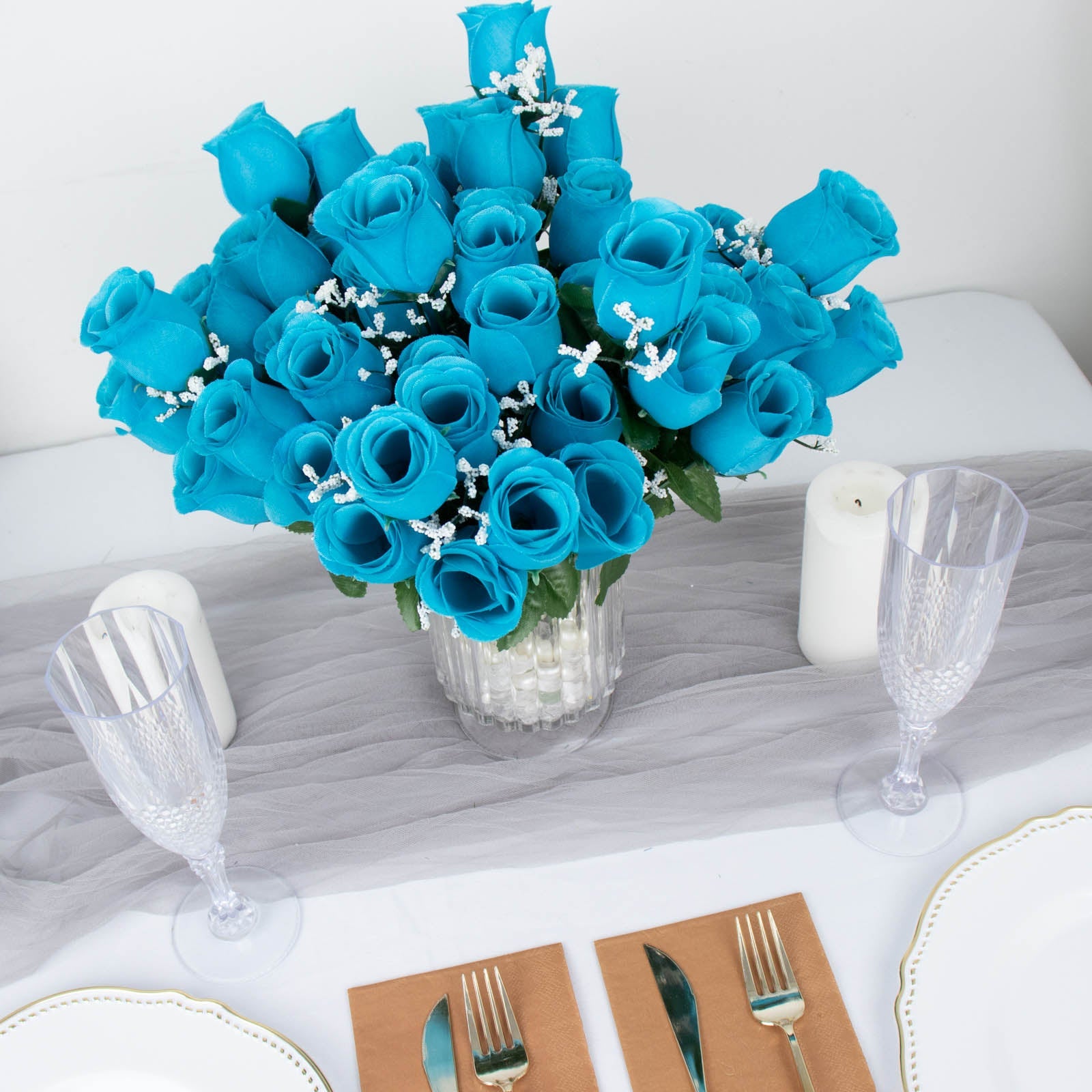 12 Bushes | Turquoise Artificial Premium Silk Flower Rose Bud Bouquets