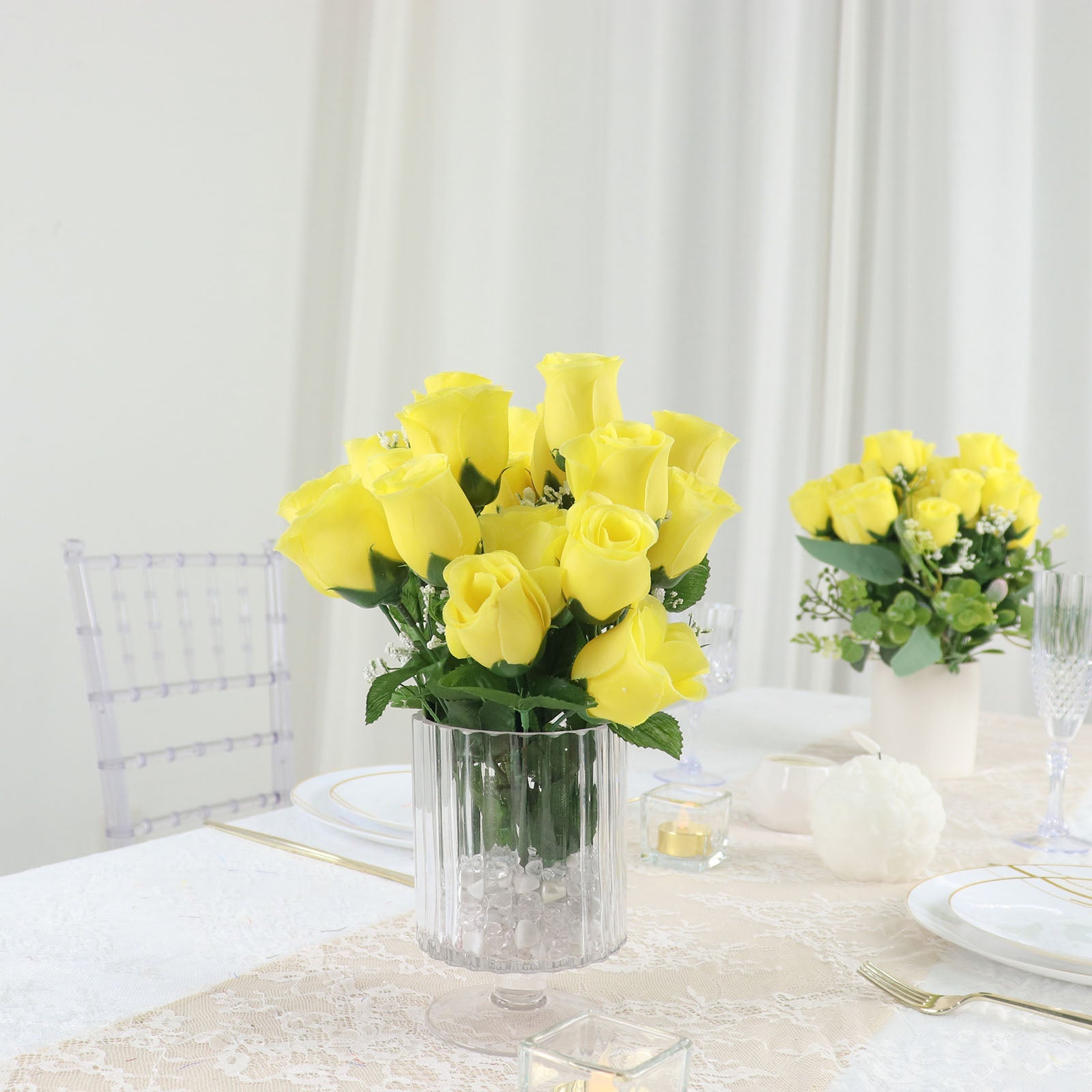 12 Bushes | Yellow Artificial Premium Silk Flower Rose Bud Bouquets