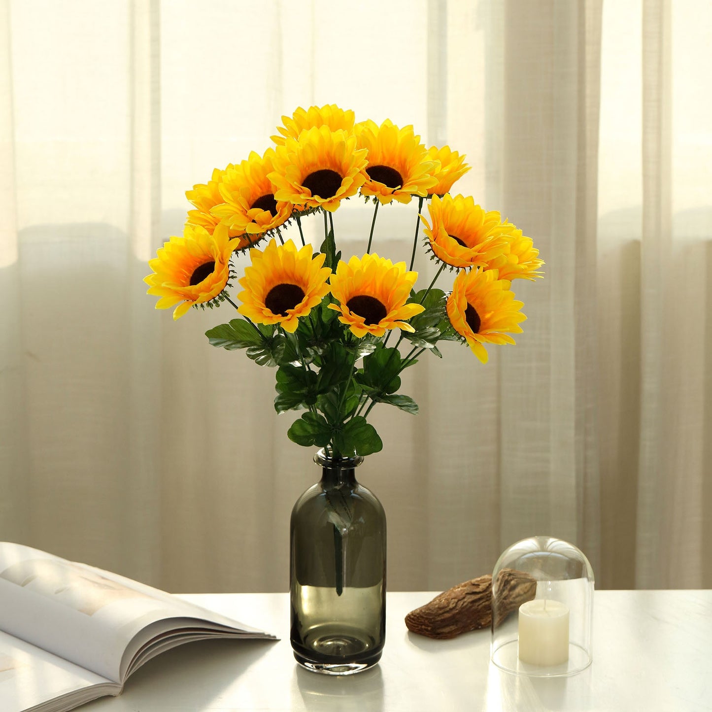 5 Bushes | 70 Yellow Artificial Silk Blossomed Sunflowers | Vase Decor