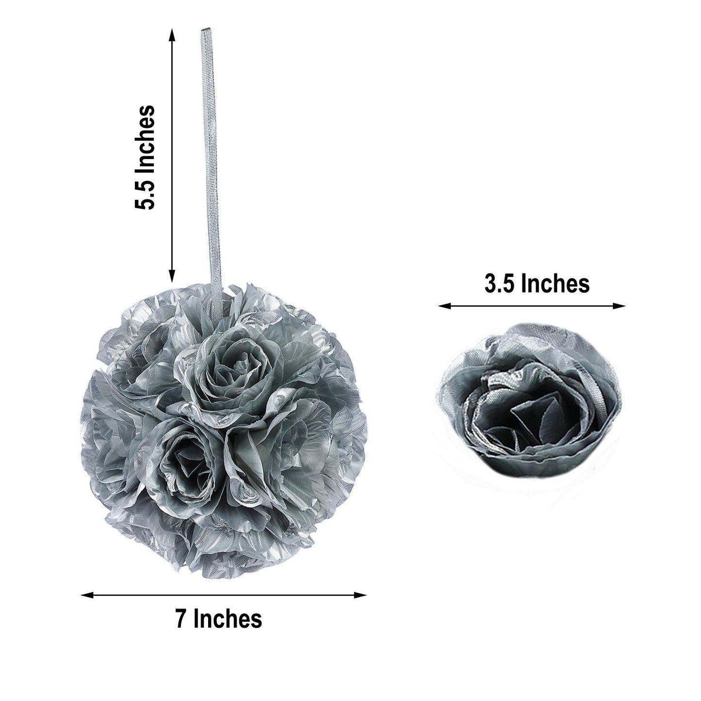 Silver artificial silk rose kissing ball, 2 pack, 7 inches.
