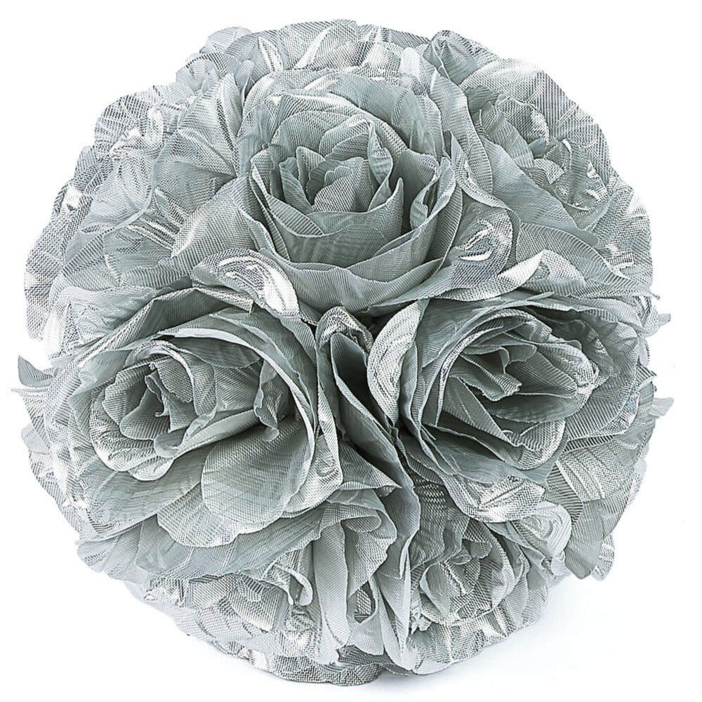 Silver artificial silk rose kissing ball, faux flower decoration.