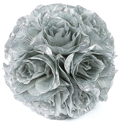 Silver artificial silk rose kissing ball, faux flower decoration.