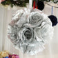 Silver artificial silk rose kissing ball decoration.