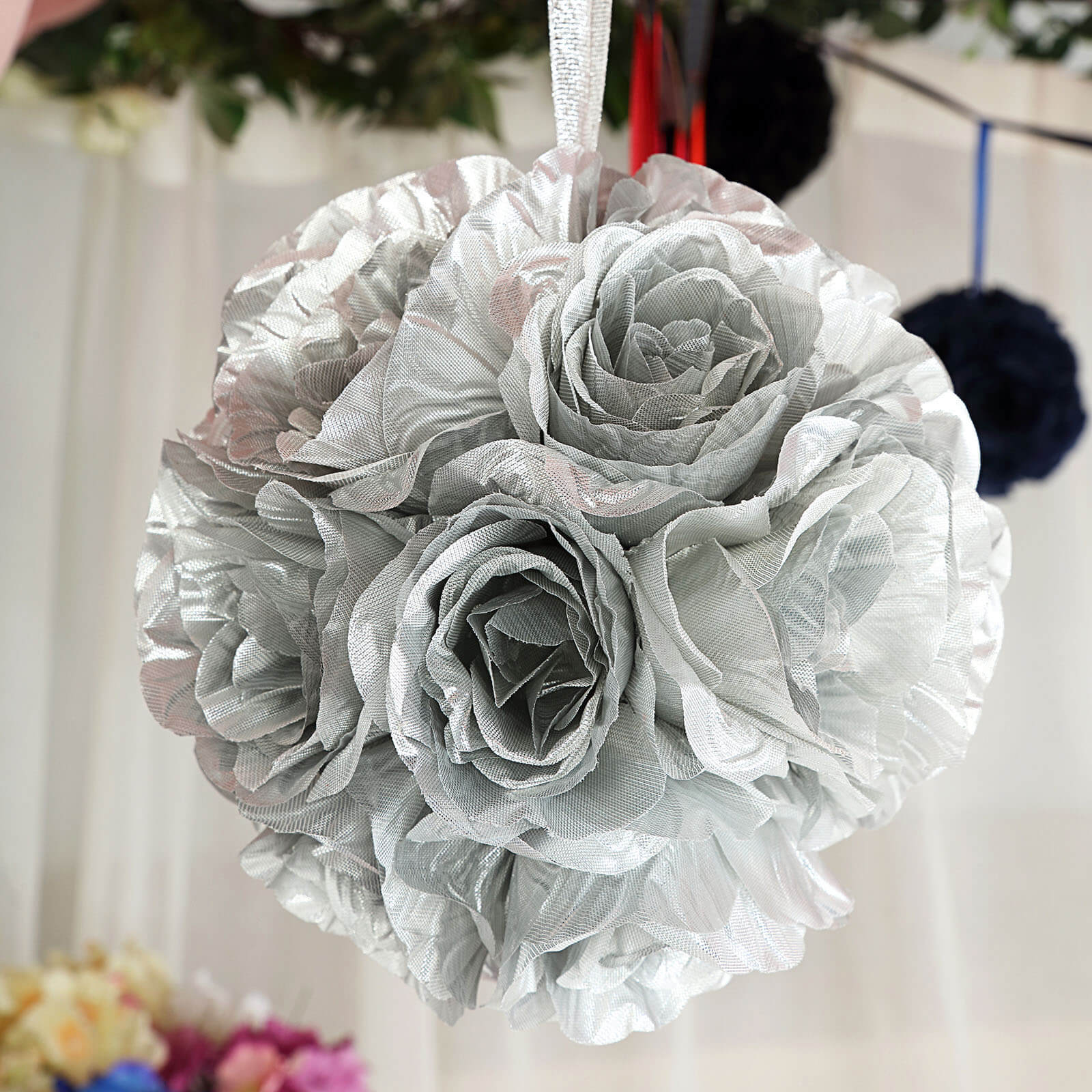 Silver artificial silk rose kissing ball decoration.