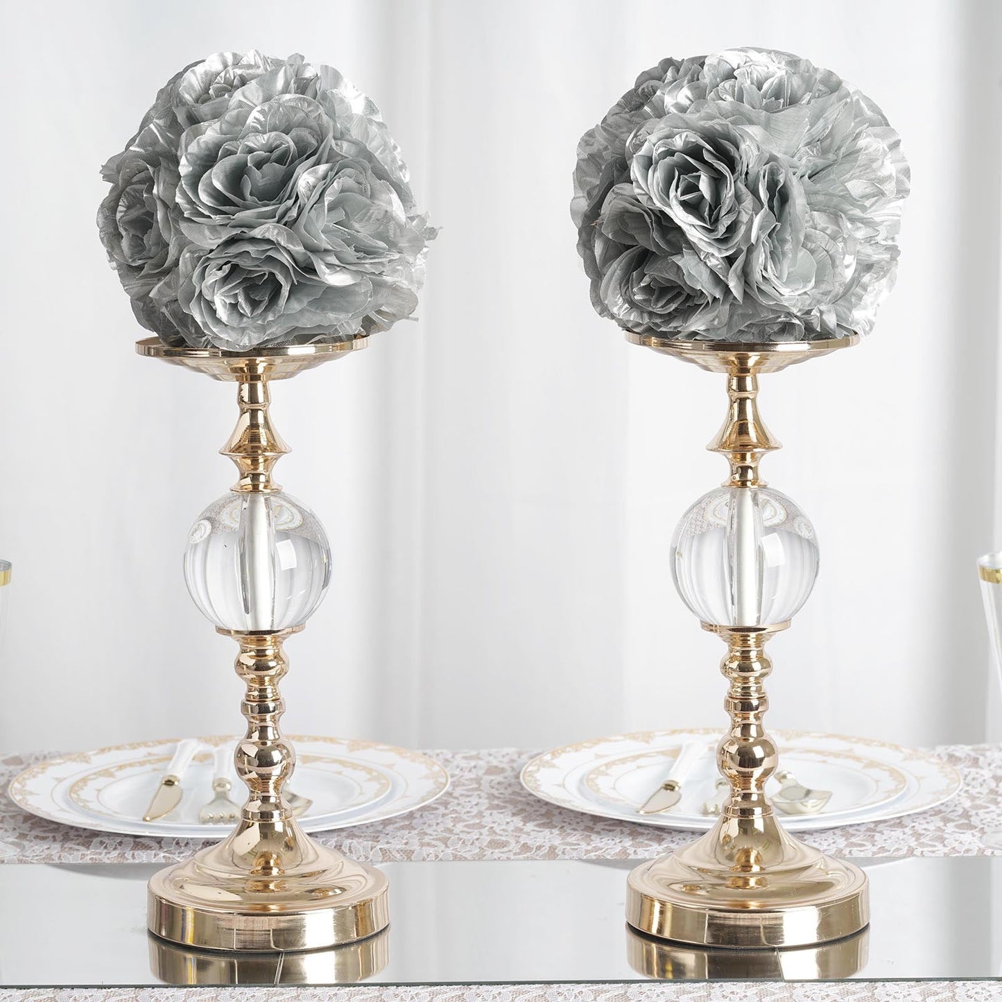 7" Silver Artificial Silk Rose Kissing Ball on elegant stands.