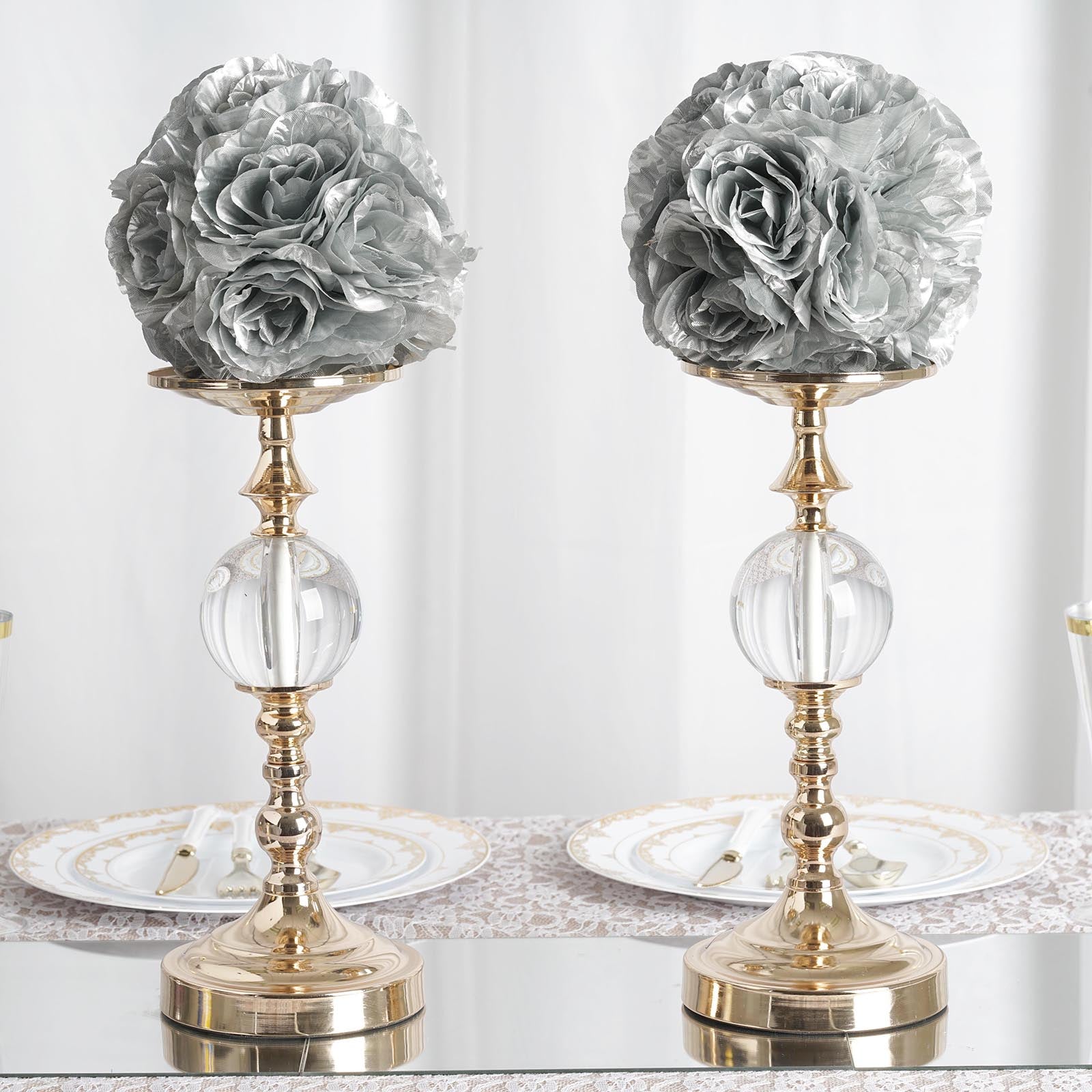 7" Silver Artificial Silk Rose Kissing Ball on elegant stands.