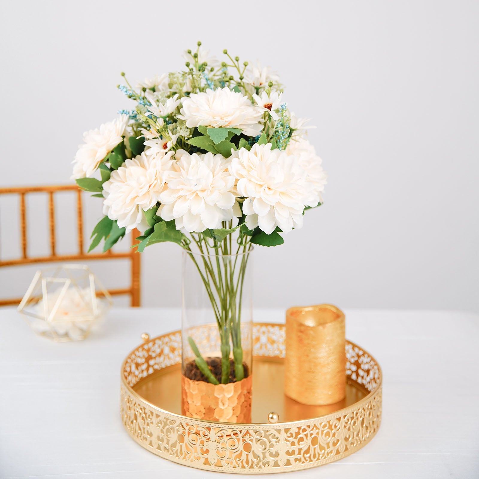 Ivory artificial silk dahlia flower bouquet spray in a decorative vase.