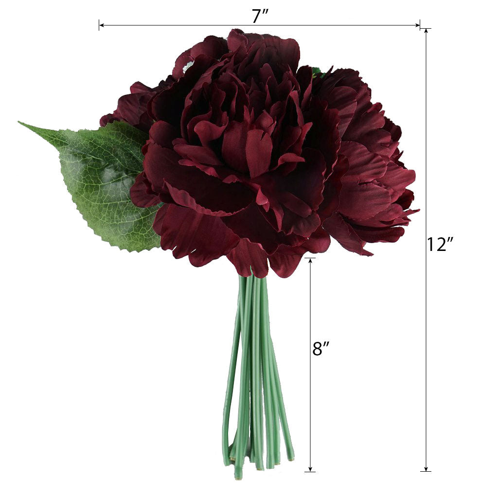 Burgundy artificial silk peonies bouquet, faux peony spray bush.