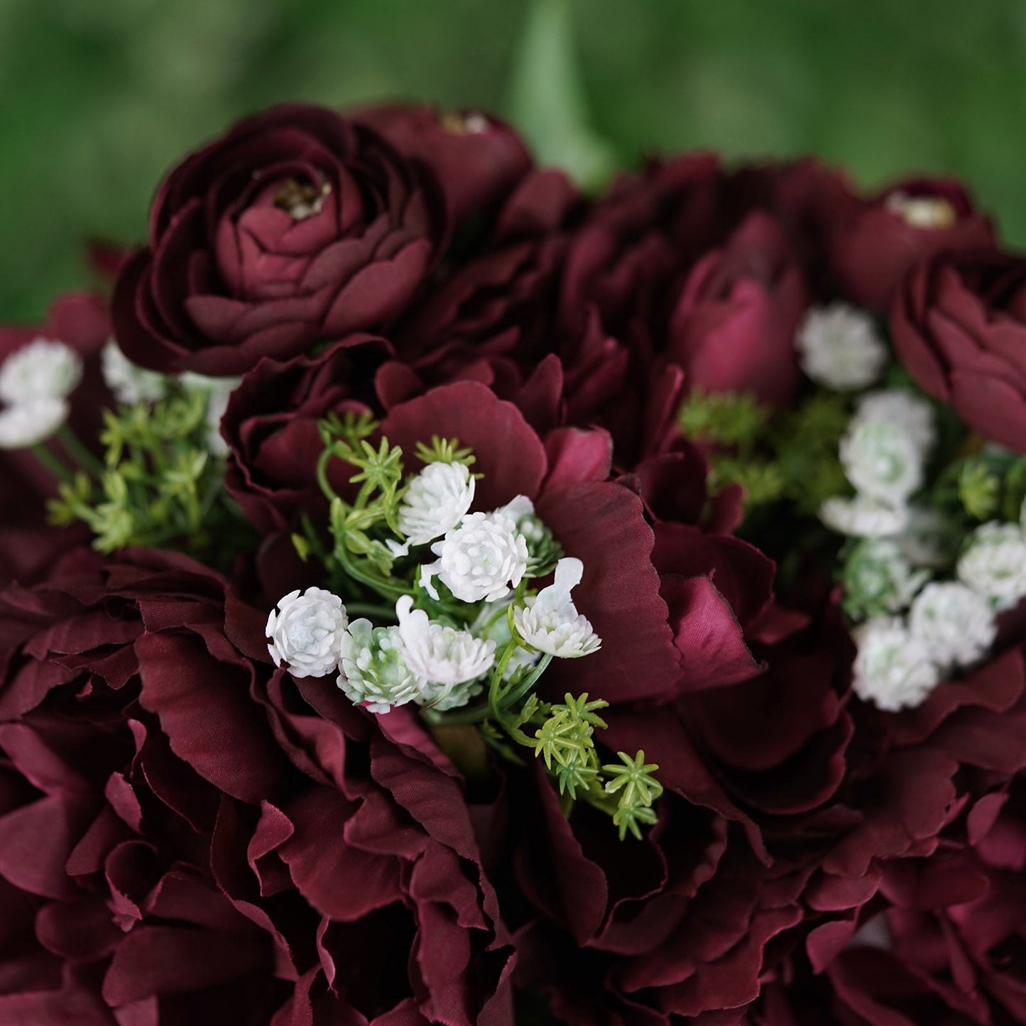 Burgundy artificial silk peonies bouquet with faux peony spray bush.