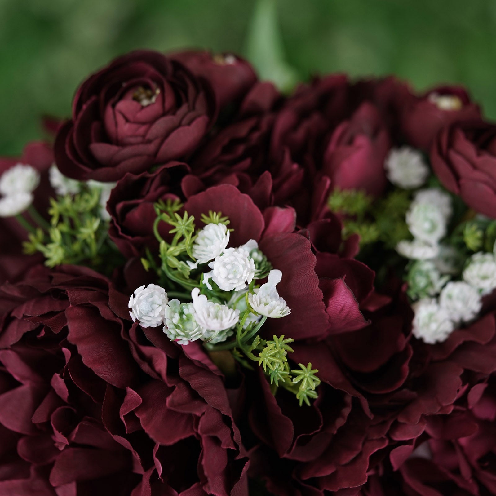 Burgundy artificial silk peonies bouquet with faux peony spray bush.