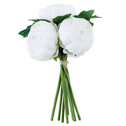 Peony 5 Flower Head Artificial Silk Spray Bouquet in White Color