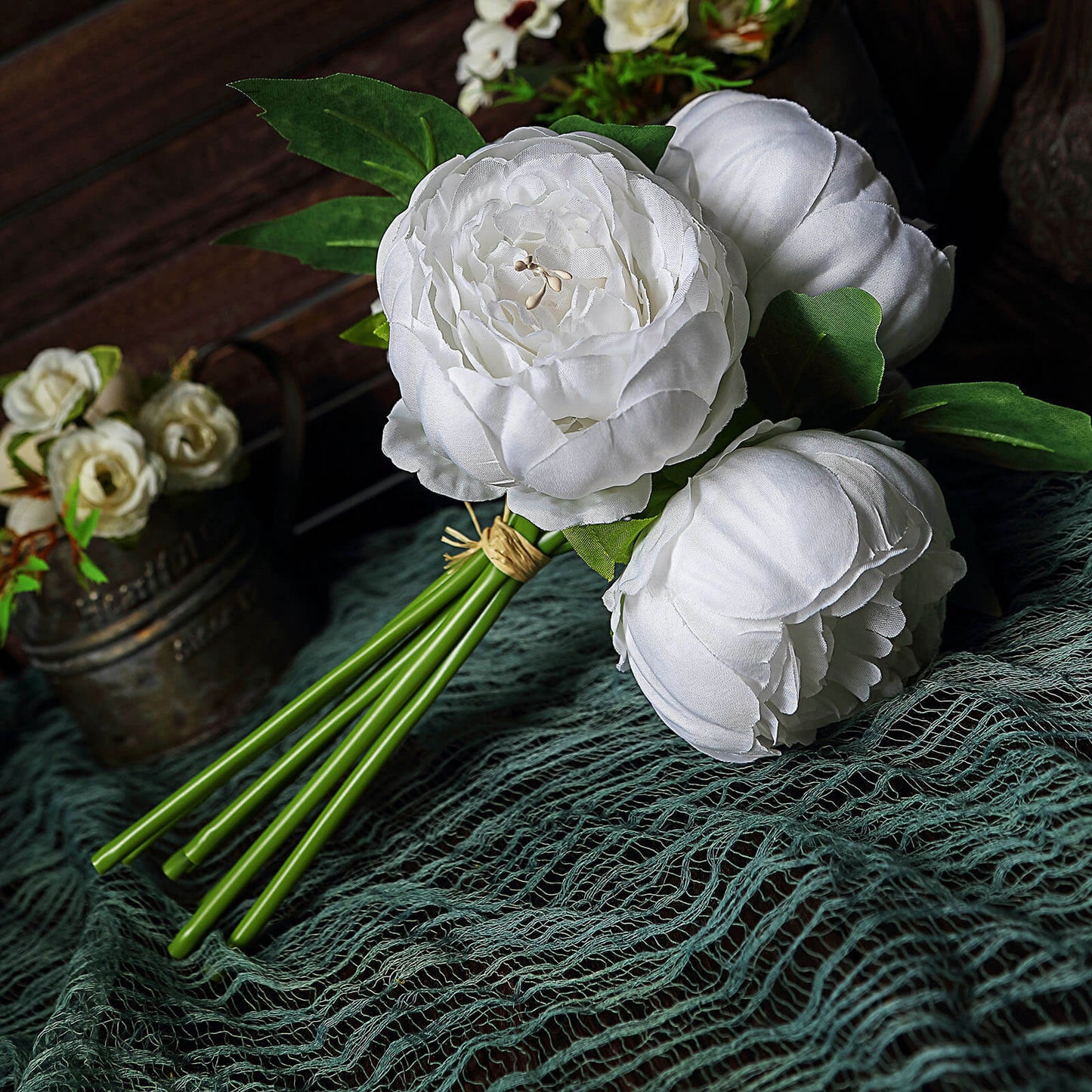 5 White Artificial Silk Peony Flower Head Spray