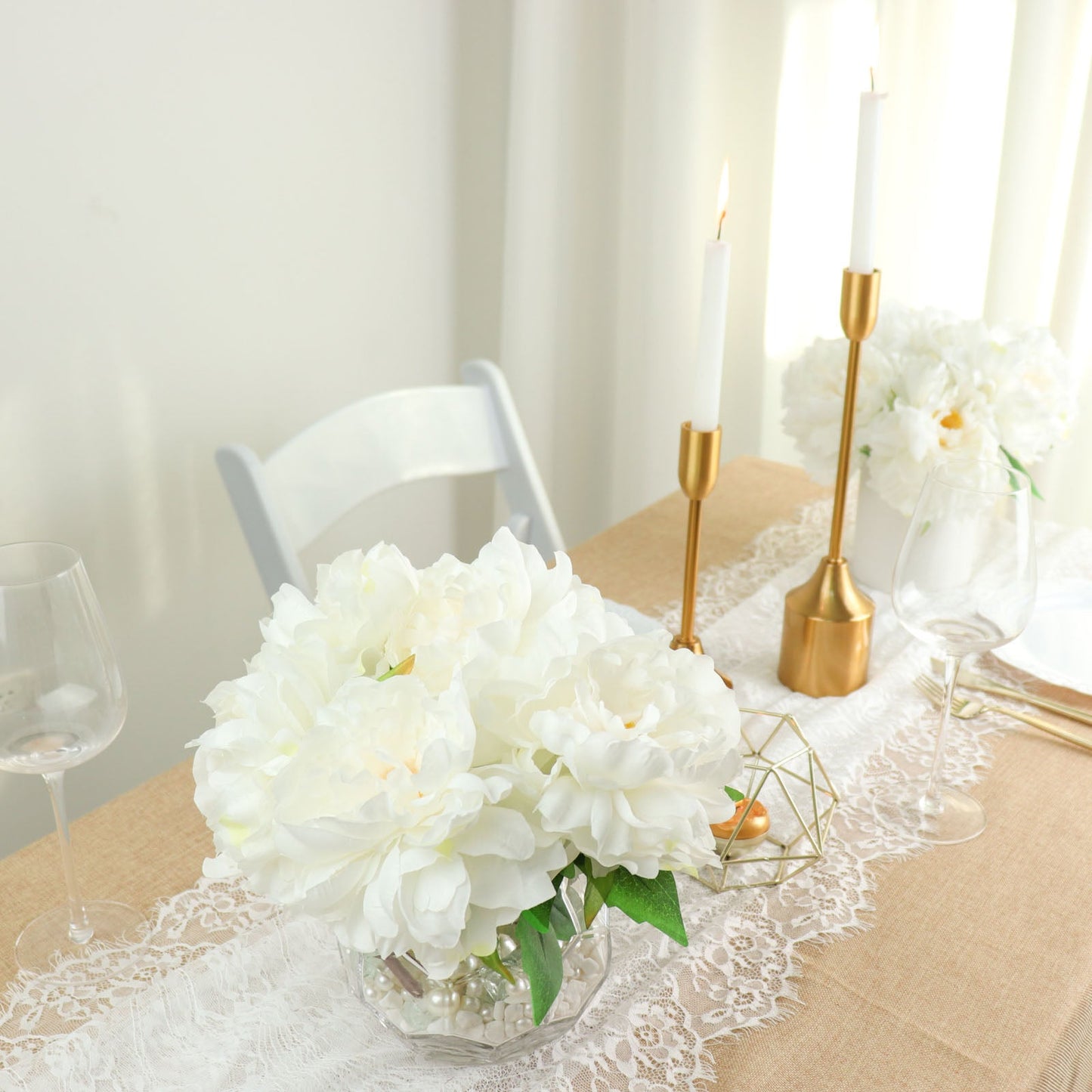 17 Inch 2 White Peony Flower Bushes With Artificial Silk