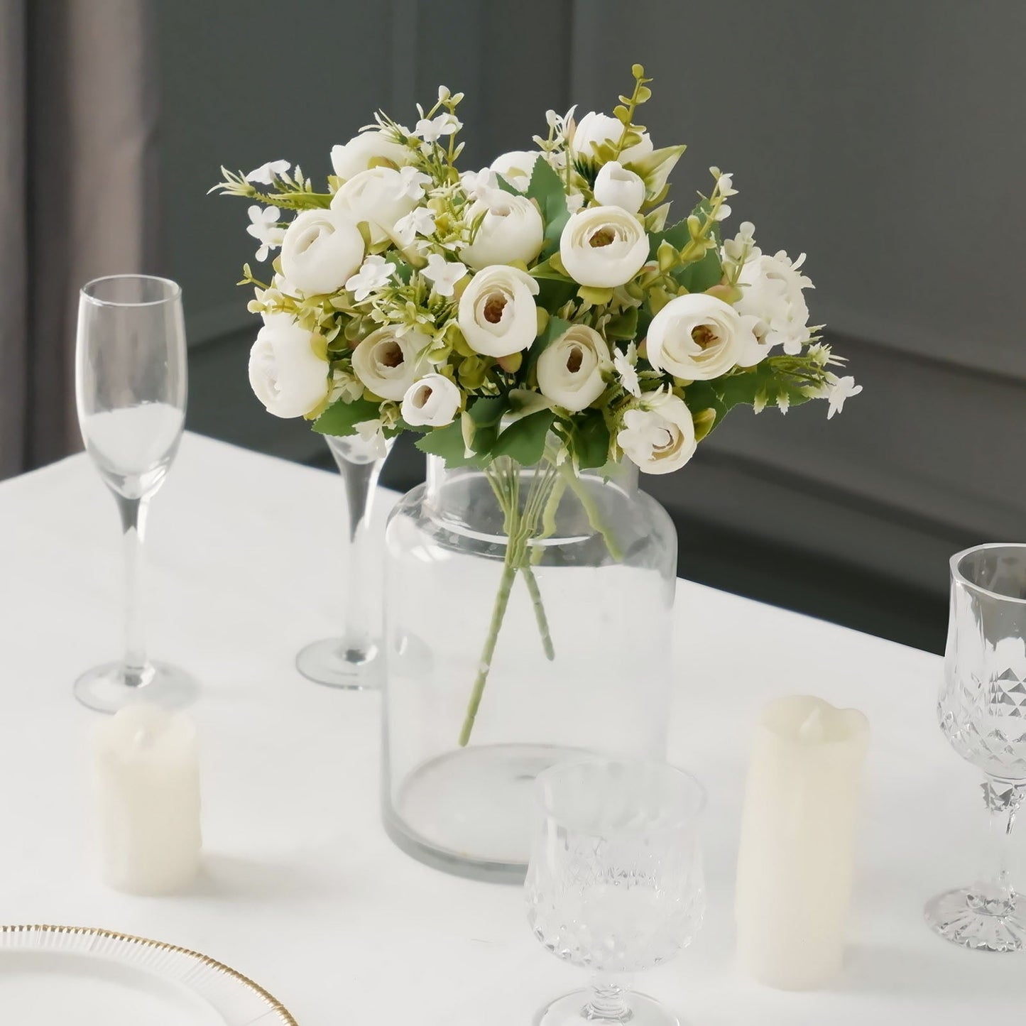 4 Pack 12" Artificial Ivory Ranunculus Silk Flower Bridal Bouquets, Faux Buttercup Floral Arrangement