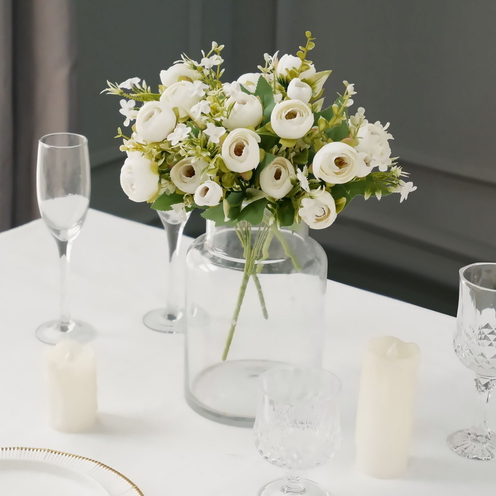 4 Pack 12" Artificial Ivory Ranunculus Silk Flower Bridal Bouquets, Faux Buttercup Floral Arrangement