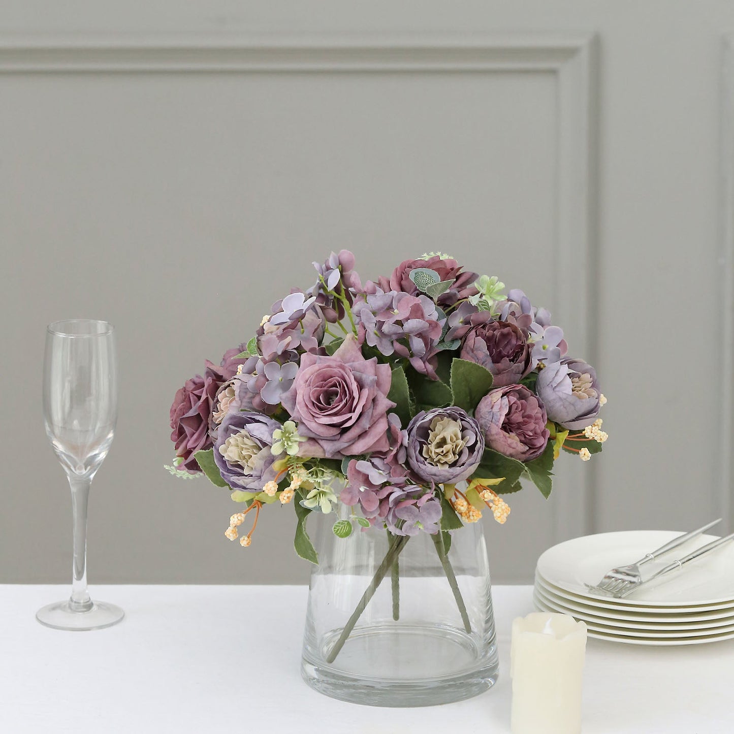 2 Pack | 12" Purple Artificial Assorted Peony Flower Bouquets, Silk Floral Arrangements