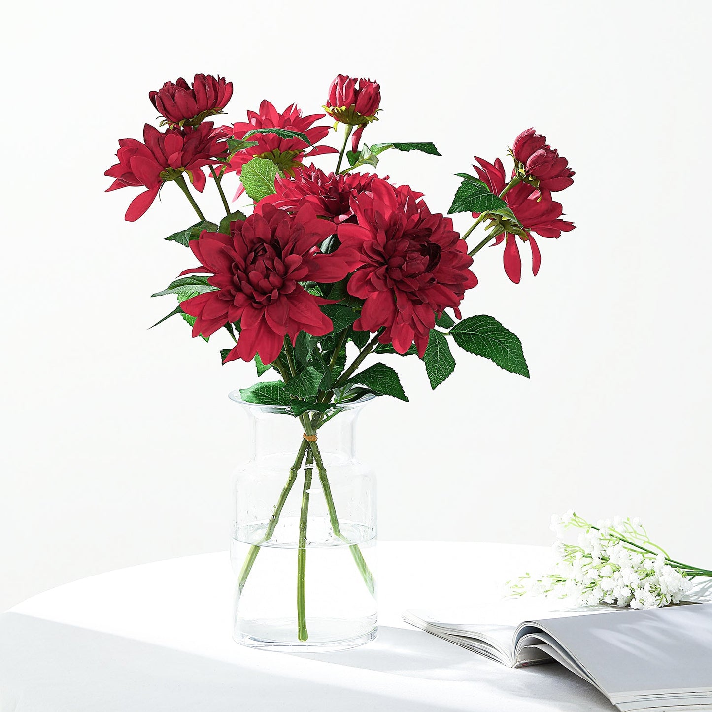 30" Tall Burgundy Artificial Dahlia Silk Flower Stems, Faux Floral Spray