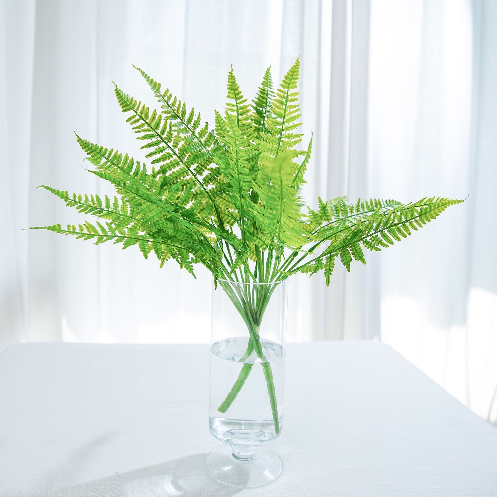 19" Green Artificial Boston Fern Leaf Plant in a clear vase.