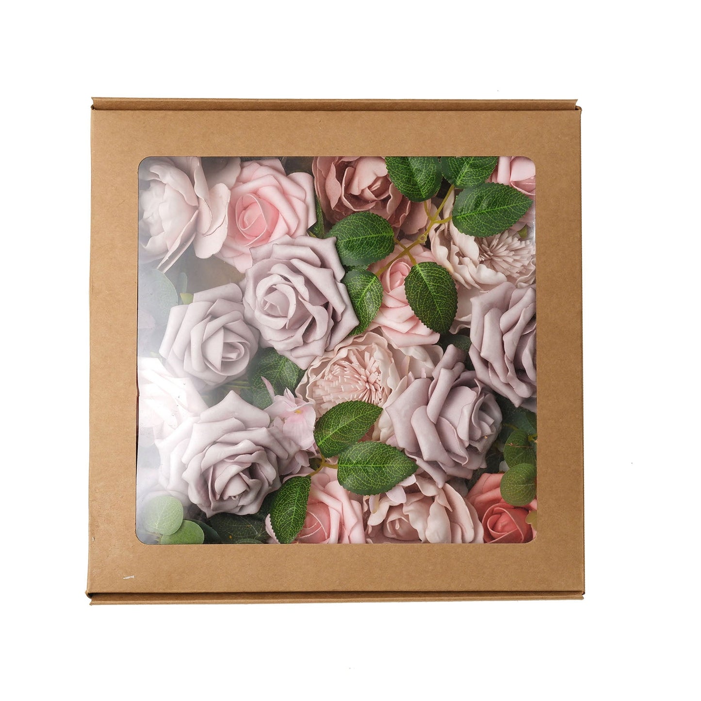 Assorted pink artificial rose and peony flower box with greenery.