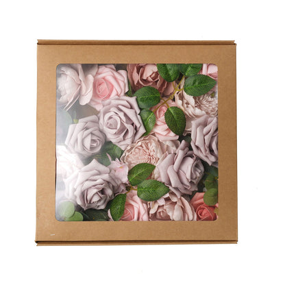 Assorted pink artificial rose and peony flower box with greenery.