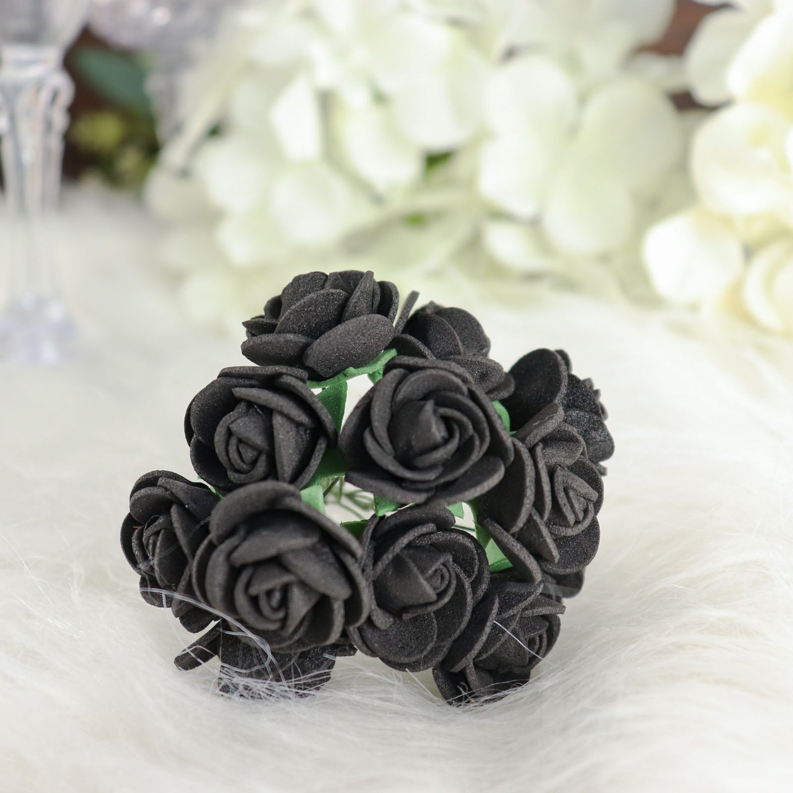 48 Roses | 1" Black Real Touch Artificial DIY Foam Rose Flowers With Stem, Craft Rose Buds