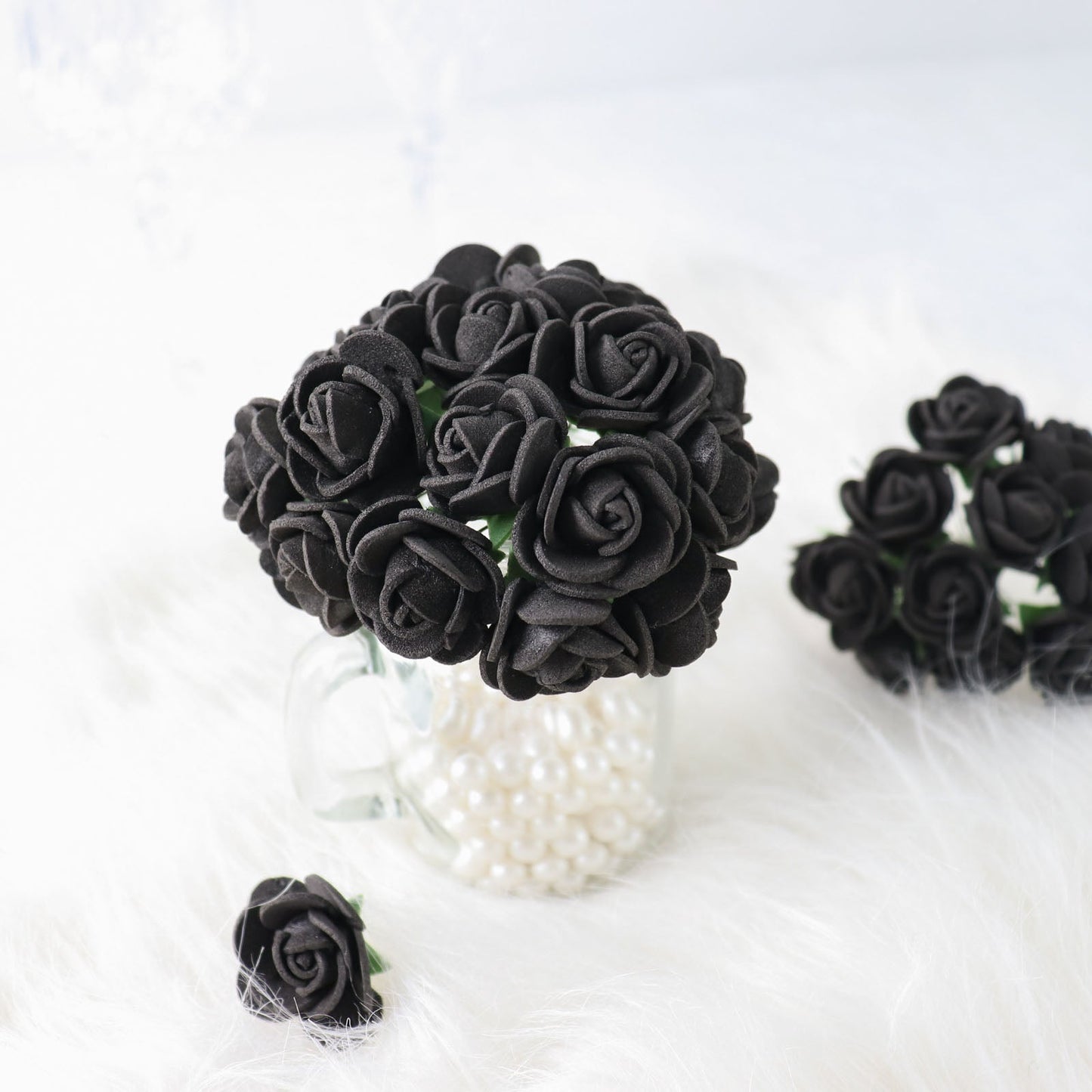 48 Black Foam Roses For Crafts 1 Inch Artificial Flowers With Stem