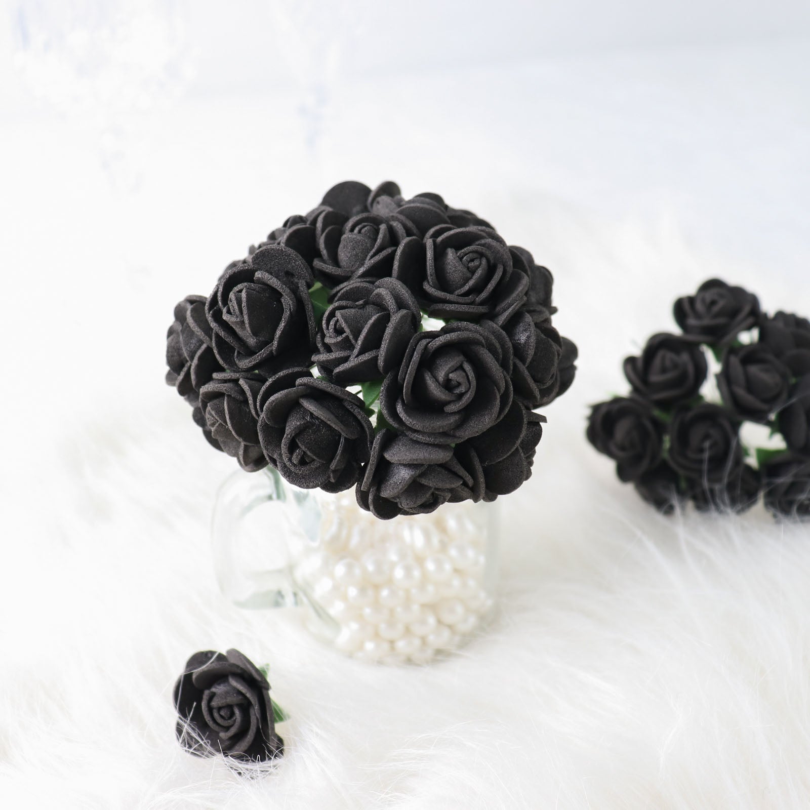 48 Black Foam Roses For Crafts 1 Inch Artificial Flowers With Stem