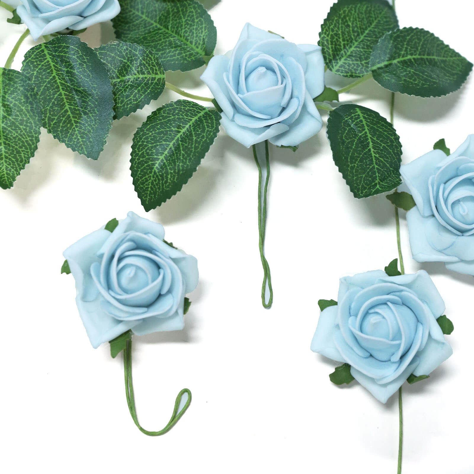 Foam Flowers 2 Inch Size Dusty Blue with Flexible Stem and Leaves 24 Roses