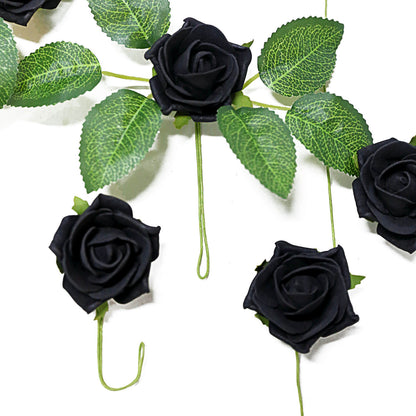 Foam Flowers 2 Inch Size Black with Flexible Stem and Leaves 24 Roses