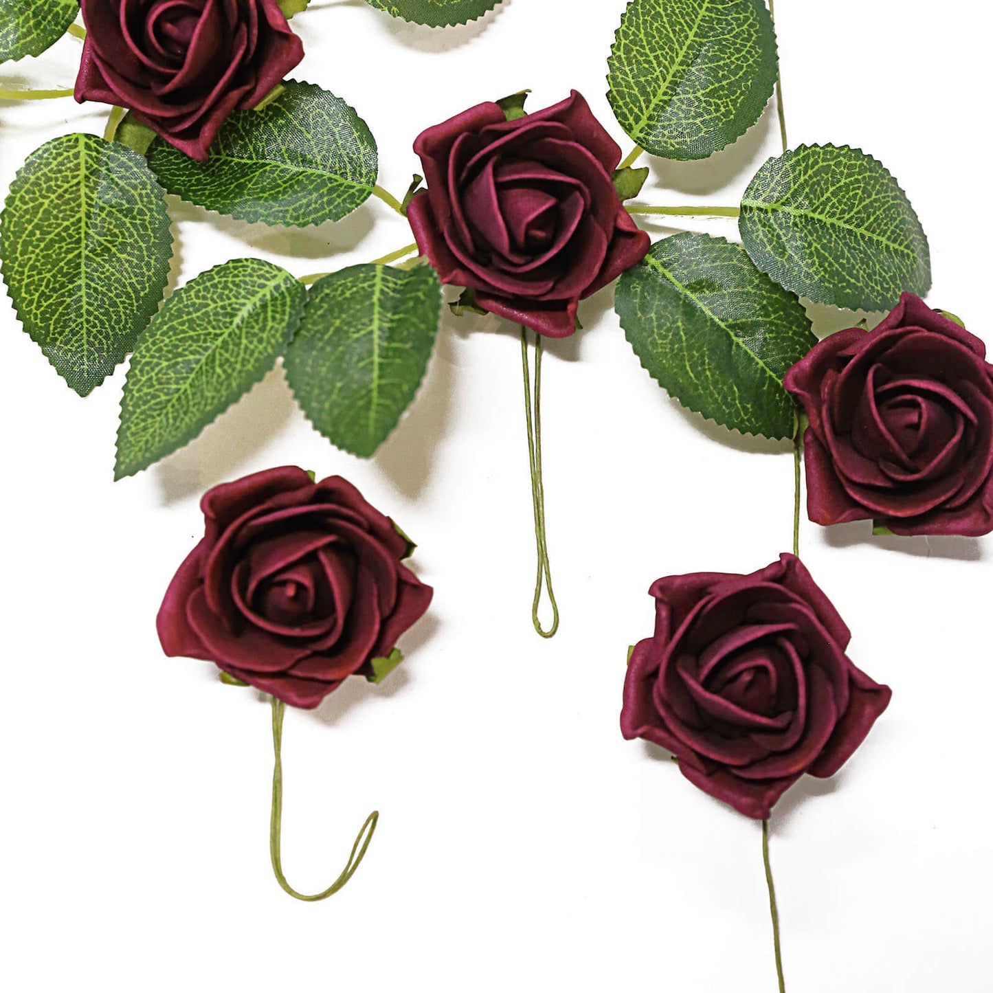 Foam Flowers 2 Inch Size Burgundy with Flexible Stem and Leaves 24 Roses