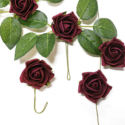 Foam Flowers 2 Inch Size Burgundy with Flexible Stem and Leaves 24 Roses