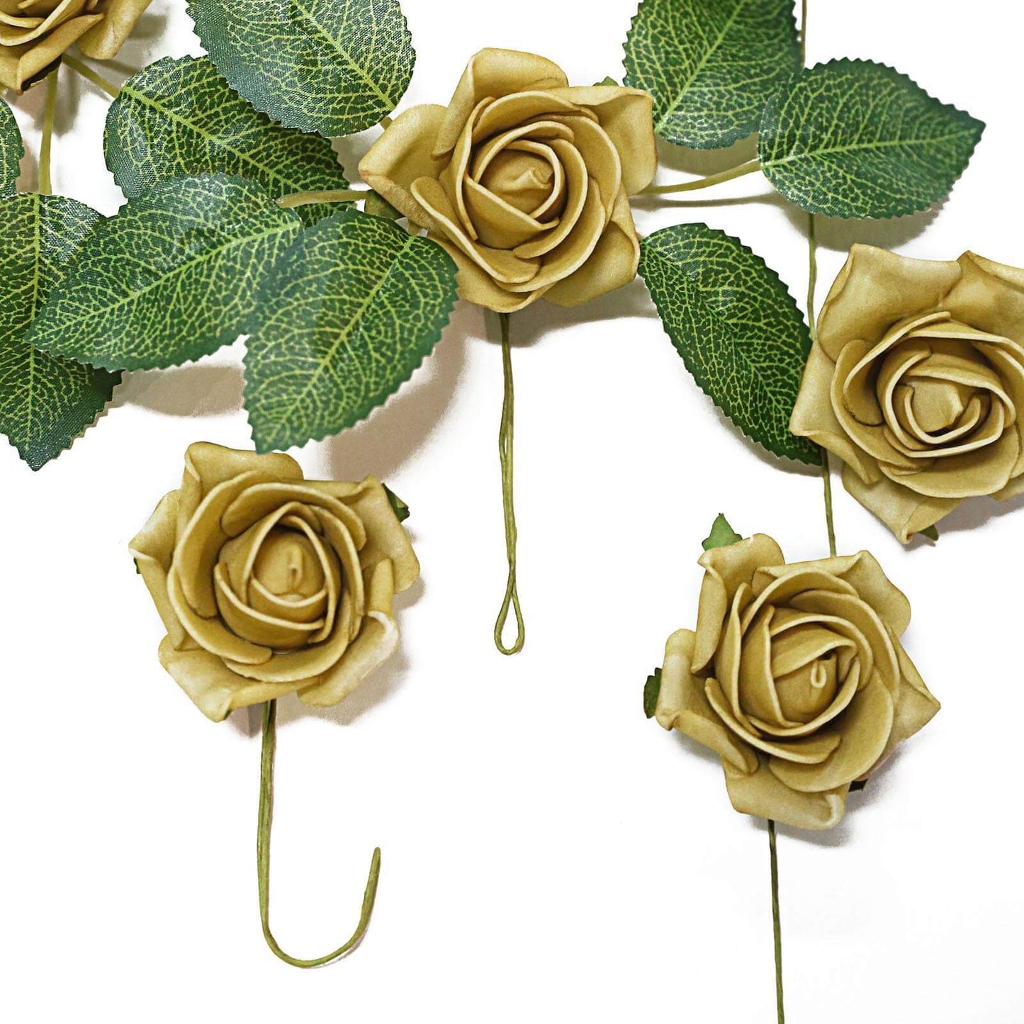Artificial Flowers in Gold with 2 Inch Flexible Stem and Leaves 24 Roses